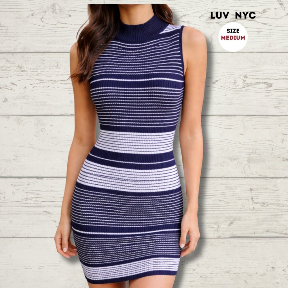 LUV NYC Blue & White Striped Knit Dress – Sleeveless | Size Medium